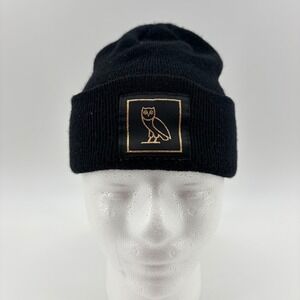 OVO Beanie October's Very Own OS Black Merino Wool Gold Owl Patch Mens Hat